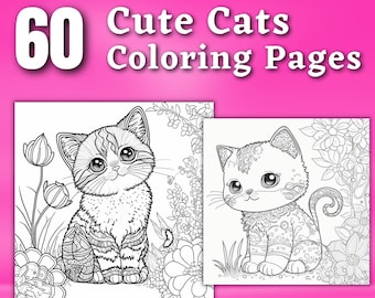 60 Cat Coloring Pages | Printable Coloring Book | Coloring Pages for Kids | Printable Digital Coloring | Digital Download Printable