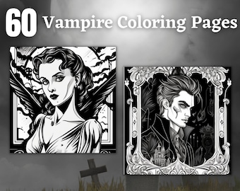 May include: Two black and white coloring pages featuring vampire characters. The first page shows a woman with long hair and a flowing dress. The second page shows a man with a sharp jawline and a suit. Both pages have intricate details and are perfect for coloring.