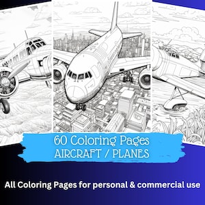 May include: A set of 60 colouring pages featuring various aircraft and planes. The pages are for personal and commercial use.