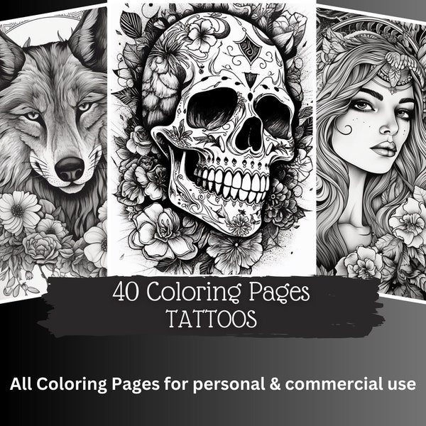 40 Tattoo Coloring Pages | Printable Coloring Book Tattoos | Coloring Pages for Adults | Printable Digital Coloring Grayscale