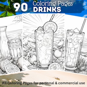 90 Drinks & Cocktails Coloring Pages | Printable Coloring Book | Coloring Pages for Kids and Adults | Digital Coloring | Digital Download