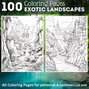 100 Exotic Landscape Coloring Pages | Printable Coloring Book | Coloring Pages for Kids and Adults | Digital Coloring | Digital Download