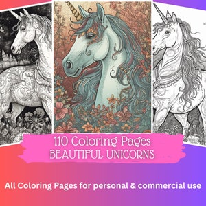 110 Unicorn Coloring Pages | Printable Coloring Book | Coloring Pages for Adults, Girls & Woman | Digital Coloring | Digital Download