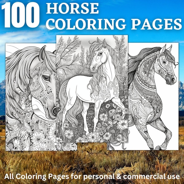 100 Horse Coloring Pages | Printable Coloring Book | Coloring Pages for Girls & Woman | Digital Coloring | Digital Download for Horse Fans