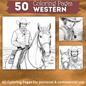 50 Western Cowboys Coloring Pages | Printable Coloring Book | Coloring Pages for Adults and Kids | Digital Coloring | Digital Download