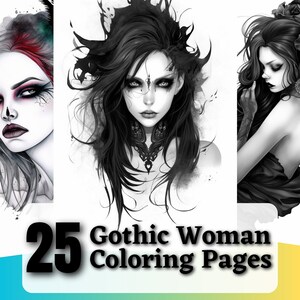 25 Gothic Woman Grayscale Coloring Pages | Printable Coloring Book | Coloring Pages for Woman | Digital Coloring | Digital Download