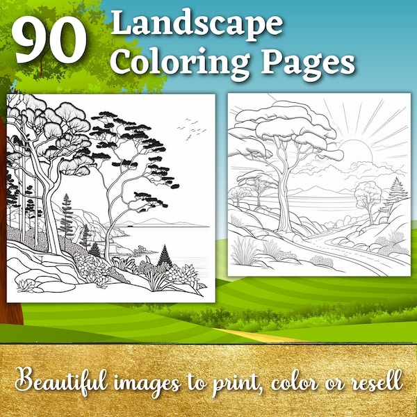 90 Landscape Coloring Pages | Printable Coloring Book | Coloring Pages for Kids and Adults | Digital Coloring | Digital Download