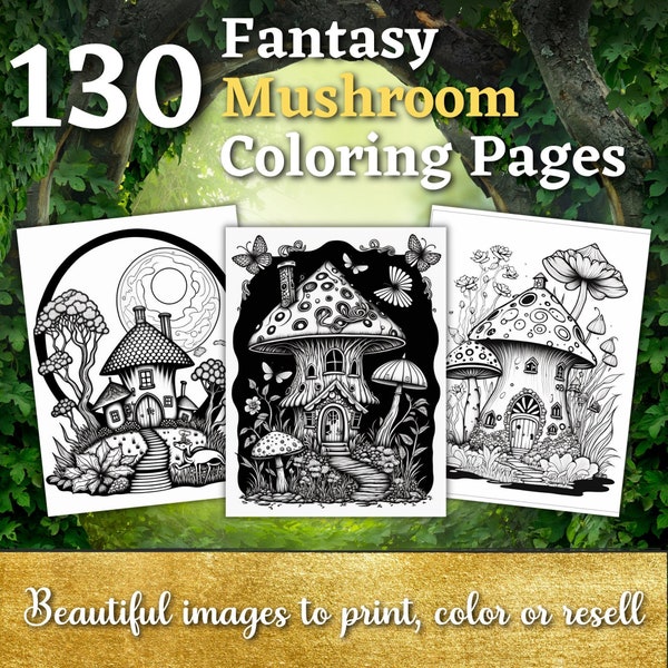 130 Mushroom Coloring Pages | Printable Coloring Book | Coloring Pages for Kids | Digital Coloring | Fantasy Houses Coloring Images