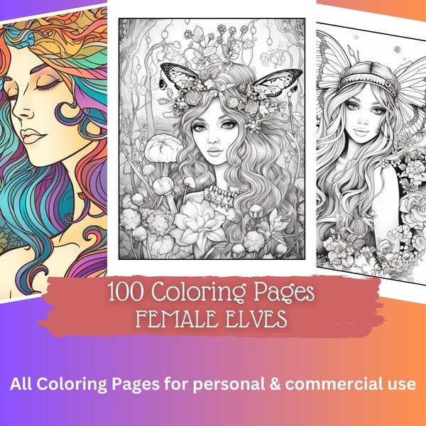 100 Female Elves Grayscale Coloring Pages | Printable Coloring Book | Coloring Pages for Woman | Printable Coloring | Digital Download