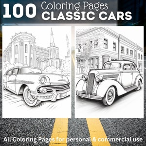 Puede incluir: Una portada de libro para colorear en blanco y negro con el texto "100 Páginas para colorear COCHES CLÁSICOS". La portada presenta dos ilustraciones de coches clásicos, una berlina y otra un coupé, ambas con dibujos de líneas detalladas.