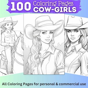 100 Western Cowgirls Coloring Pages | Printable Coloring Book | Coloring Pages for Woman and Kids | Digital Coloring | Cowboy Girls Woman