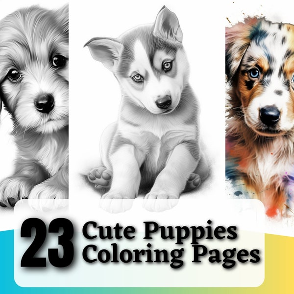 23 Puppies Grayscale Coloring Pages | Printable Coloring Book | Coloring Pages for Woman | Digital Coloring Grayscales | Digital Download