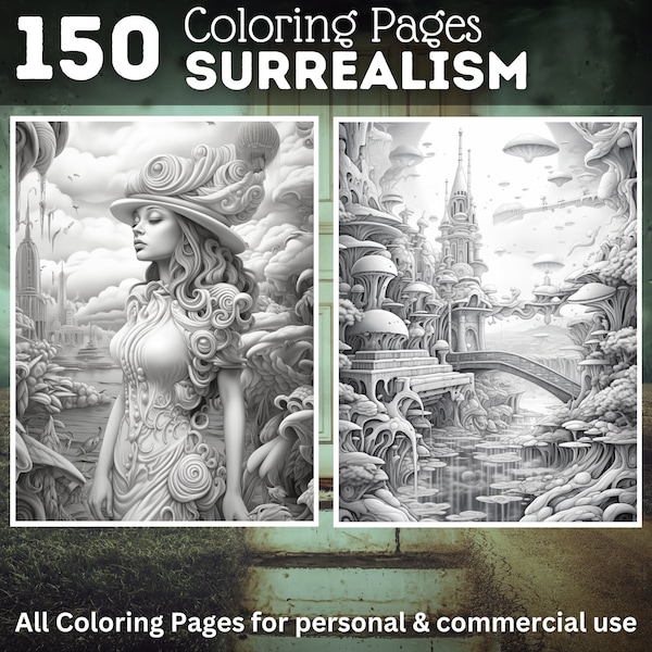 150 Surrealismus Malvorlagen | Druckbares Malbuch | Ausmalbilder für Erwachsene | Druckbare digitale Färbung | Fantasie Ausmalbilder