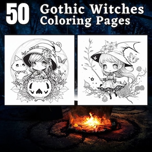 50 Cute Gothic Witch Coloring Pages | Printable Coloring Book | Coloring Pages for Kids | Digital Coloring | Goth Gifts | Gothic Art Style