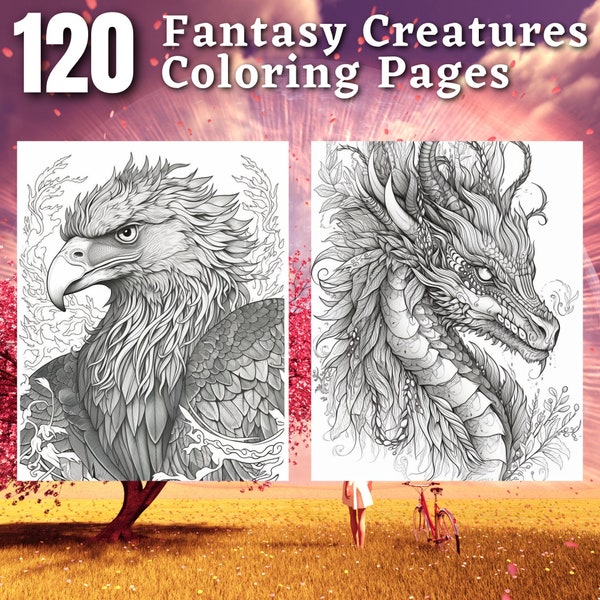 120 Páginas para colorear de criaturas fantásticas / Libro para colorear imprimible / Páginas para colorear para adultos / Dragones, unicornios y lobos / Coloración digital
