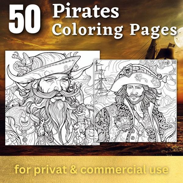 50 Pirate Coloring Pages | Printable Coloring Book | Coloring Pages for Adults | Digital Coloring Sea Pirates | Digital Download