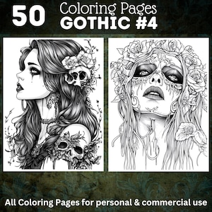 50 Female Gothic Coloring Pages | Printable Grayscale Coloring Book | Coloring Pages for Woman | Digital Coloring Images | Digital Download