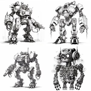 K&ouml;nnte beinhalten: Eine Schwarzwei&szlig;illustration von vier verschiedenen Roboterdesigns. Die Roboter sind in einem detaillierten, mechanischen Stil mit verschiedenen Zahnr&auml;dern, Dr&auml;hten und anderen komplizierten Details gezeichnet.