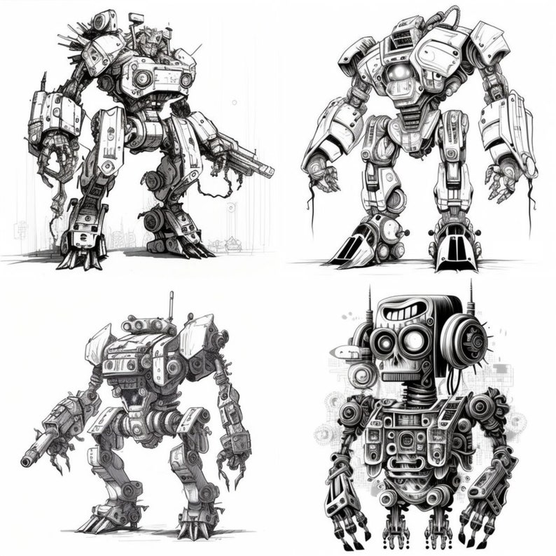 K&ouml;nnte beinhalten: Eine Schwarzwei&szlig;illustration von vier verschiedenen Roboterdesigns. Die Roboter sind in einem detaillierten, mechanischen Stil mit verschiedenen Zahnr&auml;dern, Dr&auml;hten und anderen komplizierten Details gezeichnet.