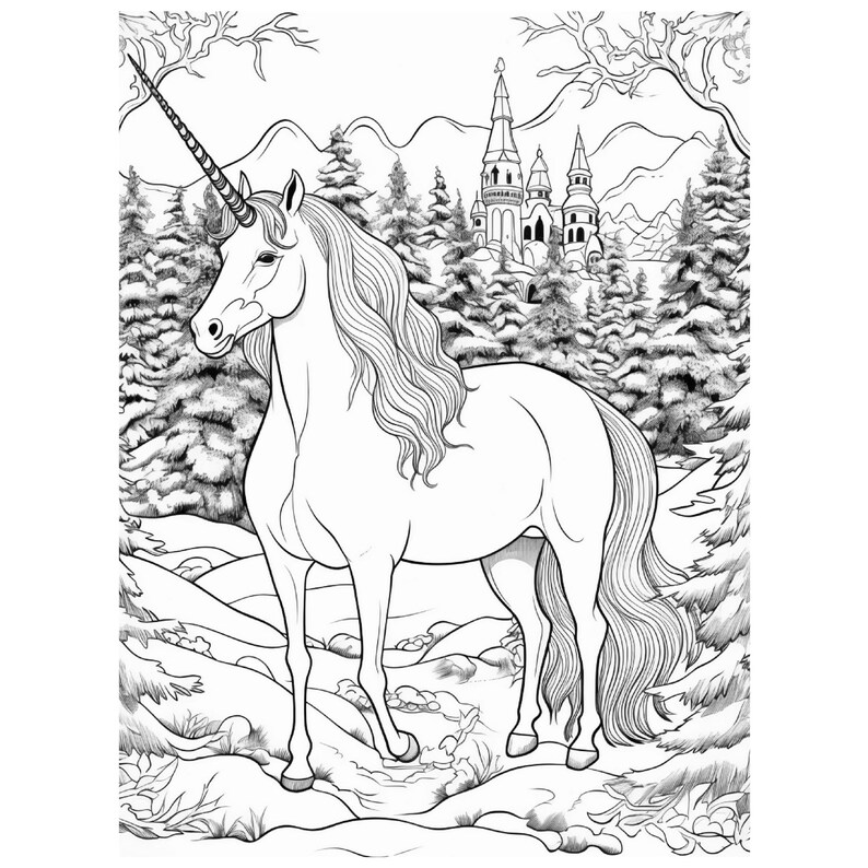 May include: Black and white line art illustration of a unicorn standing in a snowy forest scene. The unicorn has a long, flowing mane and a spiraled horn. A castle is visible in the background, surrounded by evergreen trees and mountains.