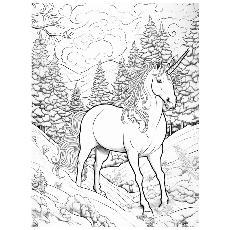 May include: Black and white line art illustration of a unicorn in a forest setting. The unicorn has a long flowing mane and a single horn. The background features pine trees, hills, and clouds, creating a fantasy scene.