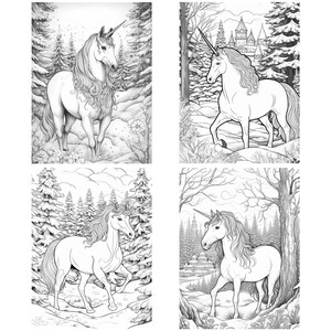 May include: Four black and white illustrations of unicorns in various forest settings. Each unicorn has a long horn and flowing mane. The backgrounds include trees, snow, and a castle. These images are suitable for coloring.