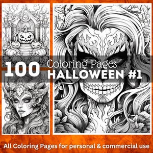 100 Halloween Coloring Pages | Printable Coloring Book | Coloring Pages for Adults | Printable Digital Coloring | Digital Download
