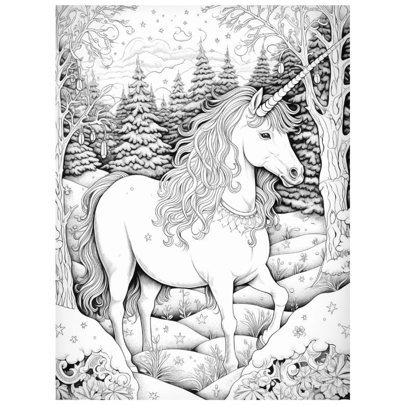 May include: A detailed black and white illustration of a unicorn in a winter forest scene. The unicorn has a long, flowing mane and a single horn. The background features trees, snow, and stars.