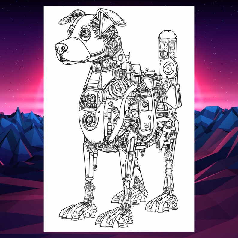 May include: A black and white line drawing of a robotic dog. The dog is made up of gears, cogs, and other mechanical parts. The dog is standing on all fours and has a large speaker on its back.