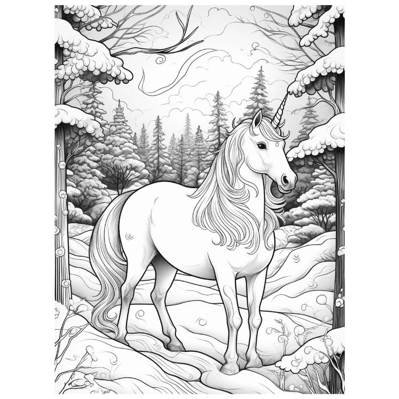 May include: Black and white illustration of a unicorn standing in a snowy forest. The unicorn has a long, flowing mane and a spiraled horn. The background features snow-covered trees and a winter landscape.