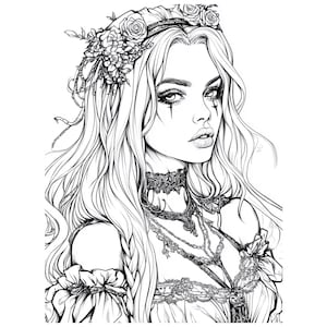 Pu&ograve; includere: Un disegno in bianco e nero di una donna con lunghi capelli fluenti che indossa una corona di fiori e un girocollo di pizzo. Indossa una camicetta scollata con un pizzo sovrapposto e una collana con pi&ugrave; catene.