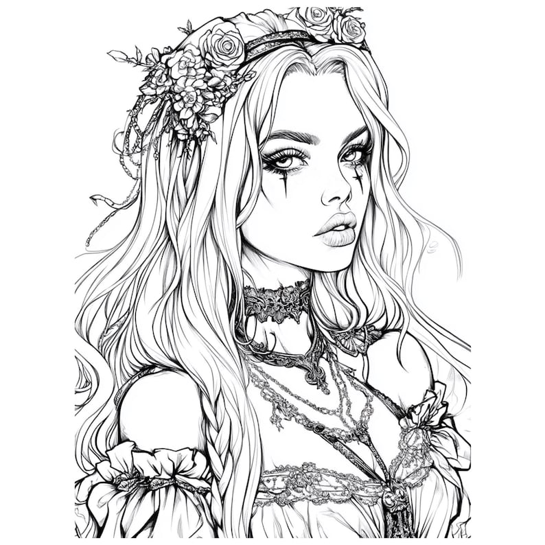 Pu&ograve; includere: Un disegno in bianco e nero di una donna con lunghi capelli fluenti che indossa una corona di fiori e un girocollo di pizzo. Indossa una camicetta scollata con un pizzo sovrapposto e una collana con pi&ugrave; catene.