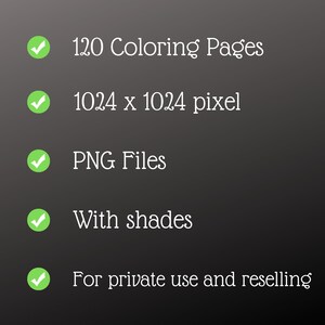 K&ouml;nnte beinhalten: Eine Checkliste mit gr&uuml;nen H&auml;kchen neben f&uuml;nf Punkten: 120 Malvorlagen, 1024 x 1024 Pixel, PNG-Dateien, mit Schattierungen, f&uuml;r den privaten Gebrauch und Weiterverkauf.