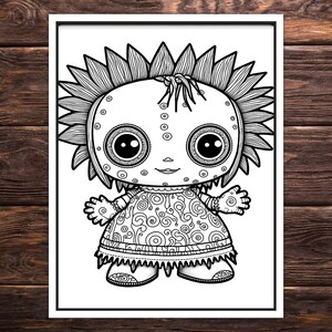 May include: Black and white line art illustration of a whimsical character with large eyes, a detailed dress, and a spiky hairdo.