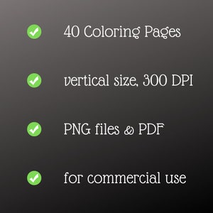 May include: A checklist with four green checkmarks next to the following text: 40 Coloring Pages, vertical size, 300 DPI, PNG files & PDF, for commercial use.