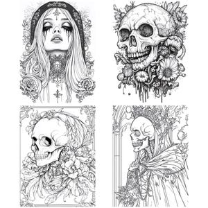 Pu&ograve; includere: Quattro illustrazioni in bianco e nero con teschi e motivi floreali. La prima immagine mostra una donna con i capelli lunghi e un copricapo a forma di teschio. La seconda immagine mostra un teschio con fiori e viti. La terza immagine mostra un teschio con fiori e viti. La quarta immagine mostra un teschio con una corona e un mantello.