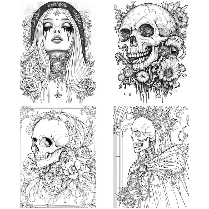 Pu&ograve; includere: Quattro illustrazioni in bianco e nero con teschi e motivi floreali. La prima immagine mostra una donna con i capelli lunghi e un copricapo a forma di teschio. La seconda immagine mostra un teschio con fiori e viti. La terza immagine mostra un teschio con fiori e viti. La quarta immagine mostra un teschio con una corona e un mantello.