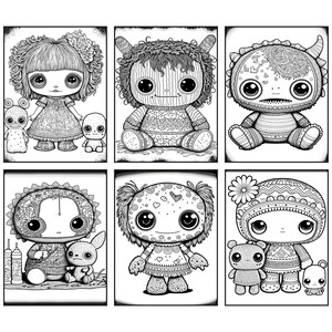 May include: Black and white line art illustrations of six different cute characters. Each character is a plush toy with intricate details and patterns. The characters include a girl with a flower in her hair, a monster with horns, a girl with a flower on her head, a monster with a flower on its head, a girl with a flower on her head, and a monster with a flower on its head.