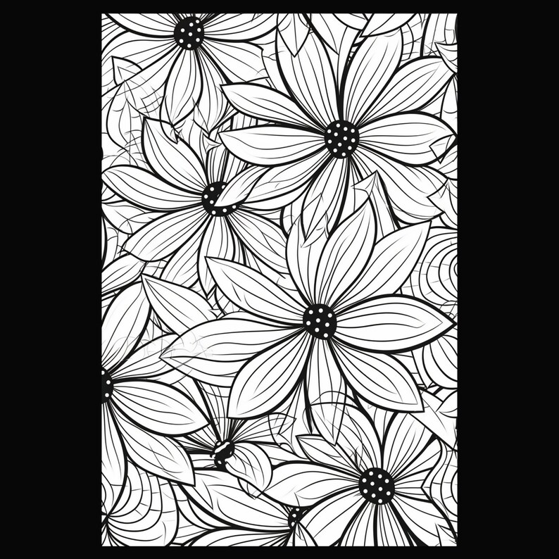 Puede incluir: Ilustraci&oacute;n en blanco y negro de un patr&oacute;n floral con flores estilizadas.