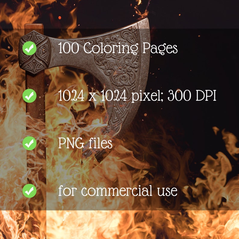 K&ouml;nnte beinhalten: 100 Malvorlagen mit einer detaillierten Illustration einer Wikinger-Axt. Die Seiten sind 1024 x 1024 Pixel gro&szlig;, 300 DPI und im PNG-Format. Sie sind f&uuml;r kommerzielle Zwecke geeignet.