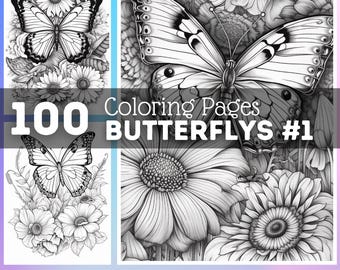 100 Butterfly Coloring Pages | Kids & Adults, Printable Book (Digital Download)