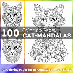 100 Cat Mandala Coloring Pages | Printable Coloring Book | Coloring Pages for Kids | Digital Coloring | Digital Download Printable