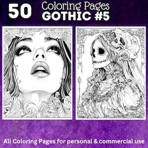 50 páginas para colorear de mujeres góticas / Libro para colorear gótico en escala de grises para imprimir / Páginas para colorear para mujeres / Coloración digital / Descarga digital
