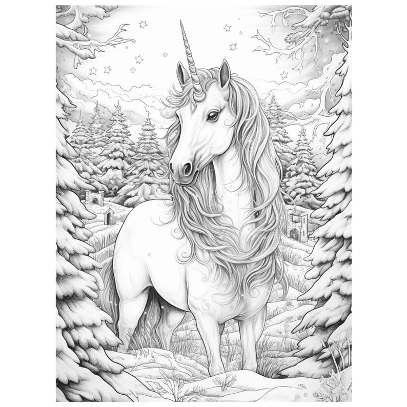 May include: Black and white illustration of a unicorn in a snowy forest scene. The unicorn has a long, flowing mane and a spiraled horn. The background features snow-covered trees, a small building, and stars in the sky.