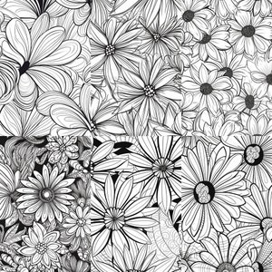 Puede incluir: Ilustraci&oacute;n en blanco y negro de arte de l&iacute;nea de un patr&oacute;n floral con varios tipos de flores. Las flores est&aacute;n dibujadas en un estilo detallado e intrincado, con p&eacute;talos y hojas delicados.