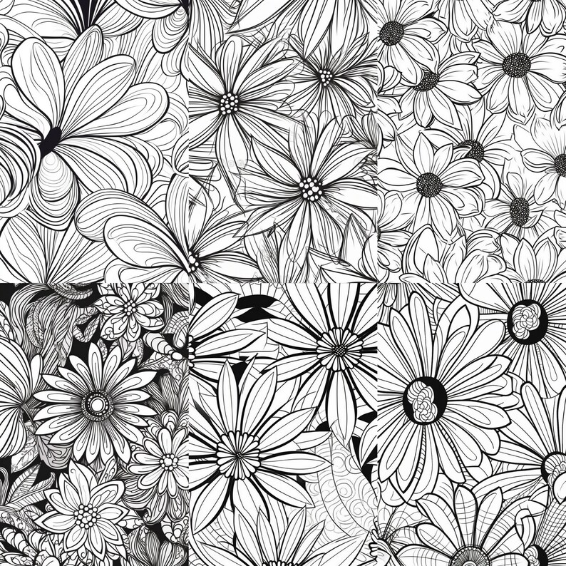 Puede incluir: Ilustraci&oacute;n en blanco y negro de arte de l&iacute;nea de un patr&oacute;n floral con varios tipos de flores. Las flores est&aacute;n dibujadas en un estilo detallado e intrincado, con p&eacute;talos y hojas delicados.