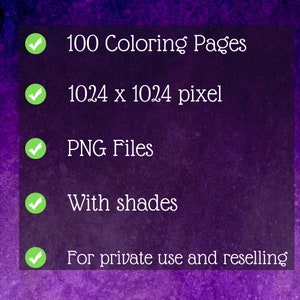 May include: A checklist with green tick marks next to five items: 100 Coloring Pages, 1024 x 1024 pixel, PNG Files, With shades, For private use and reselling.