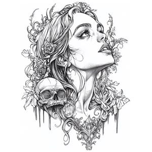 Pu&ograve; includere: Un disegno in bianco e nero di un viso di donna con fiori e un teschio. La donna guarda in alto e ha i capelli lunghi. Il teschio &egrave; sulla sua spalla.