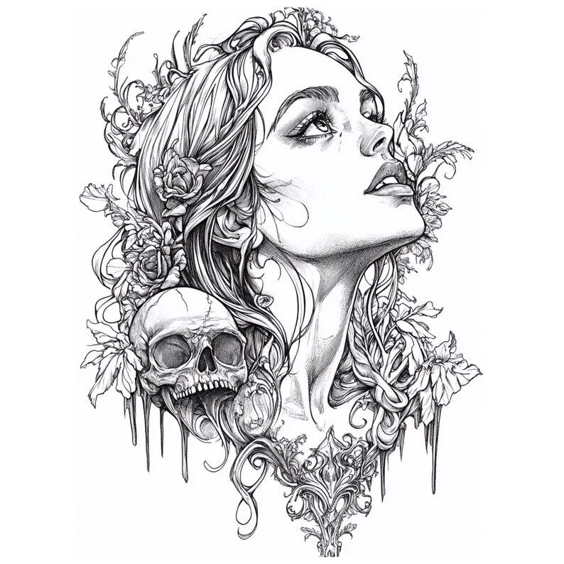 Pu&ograve; includere: Un disegno in bianco e nero di un viso di donna con fiori e un teschio. La donna guarda in alto e ha i capelli lunghi. Il teschio &egrave; sulla sua spalla.