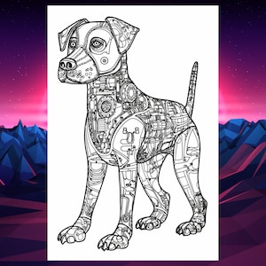 May include: A black and white line drawing of a dog with a mechanical, robotic, or steampunk design. The dog is standing on all four legs with its tail curled up.